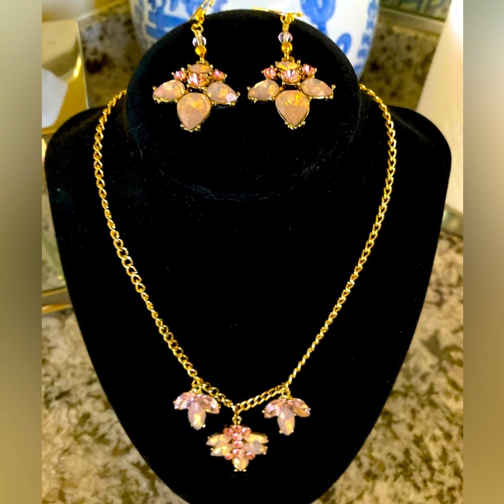 Necklace & Earring Set with Pink & Opalite Rhinestone Accents
